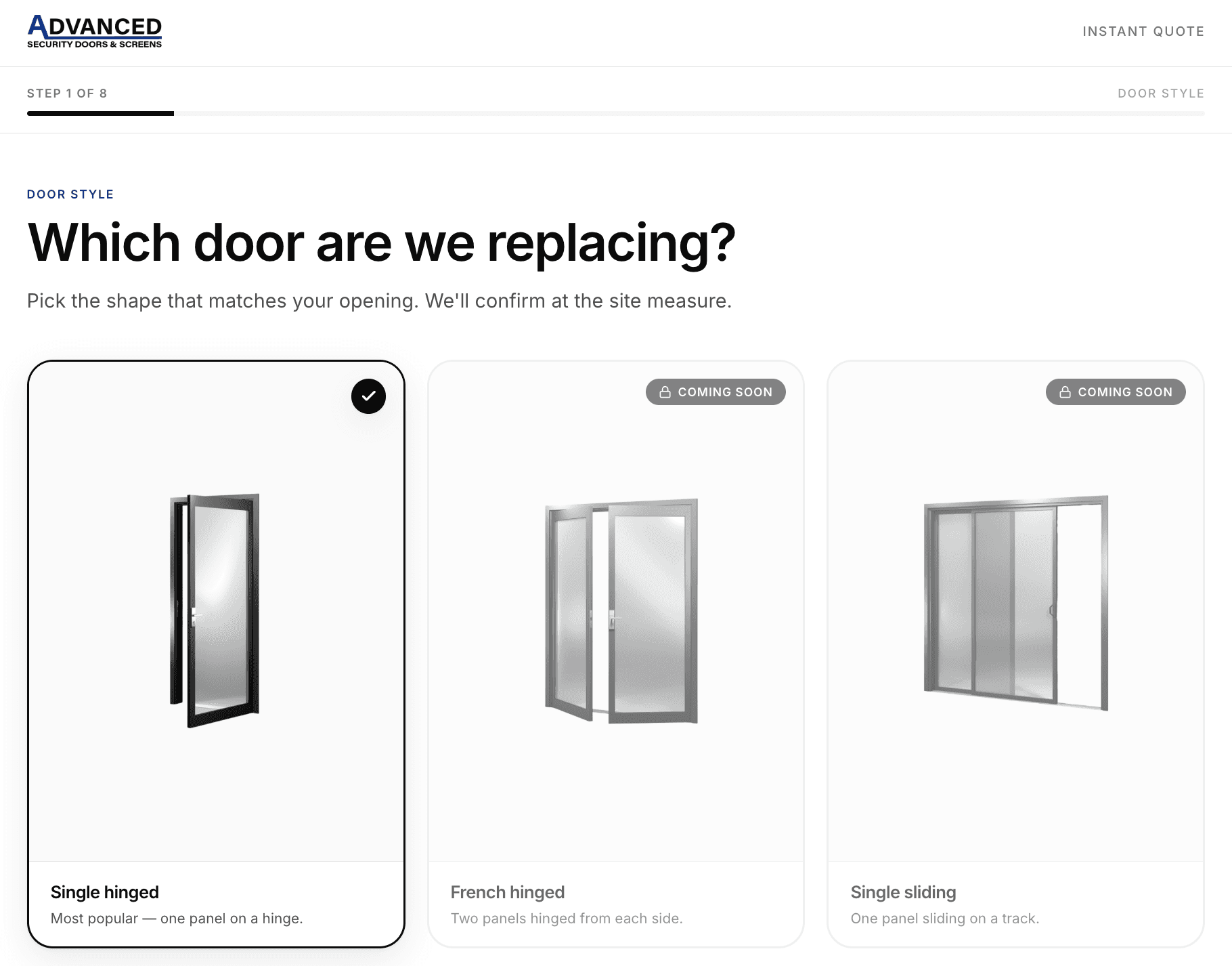 Advanced Security Doors quote calculator preview — every screen of the live interactive preview