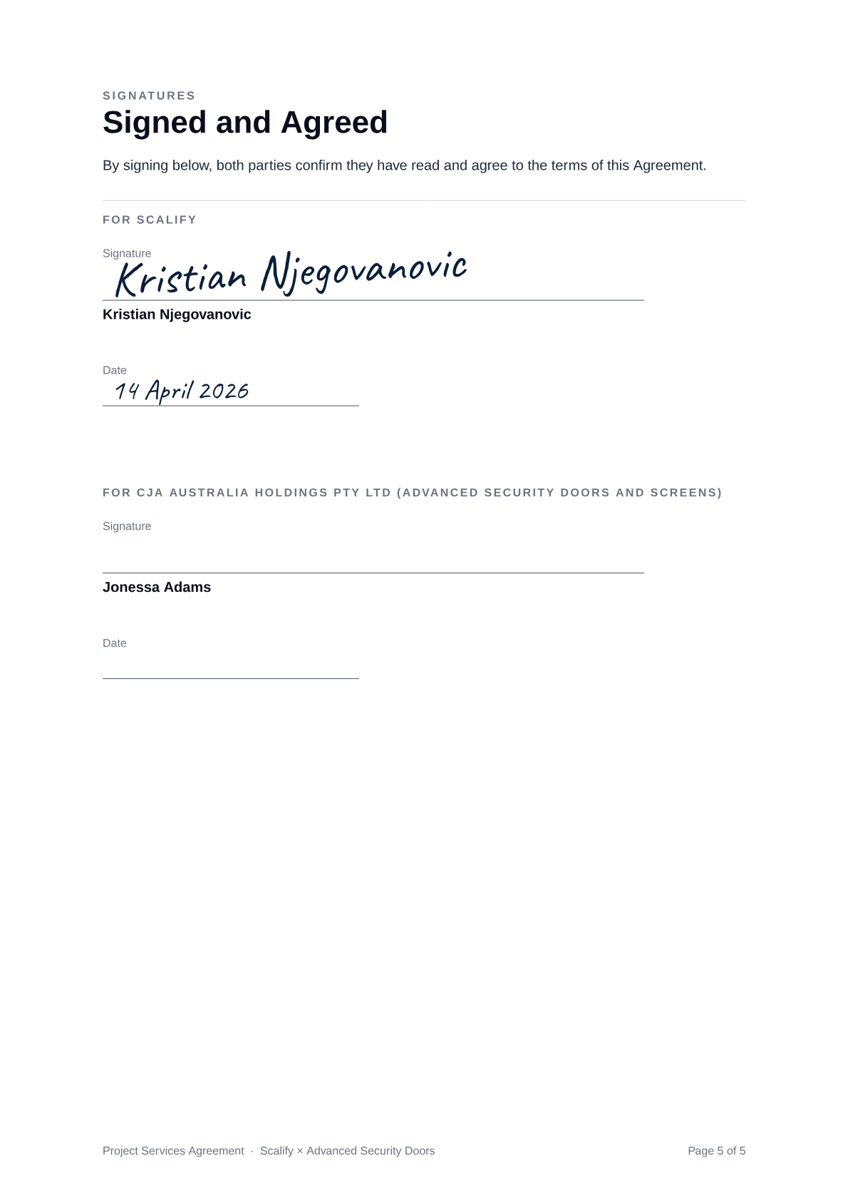 Project Services Agreement — page 5 of 5